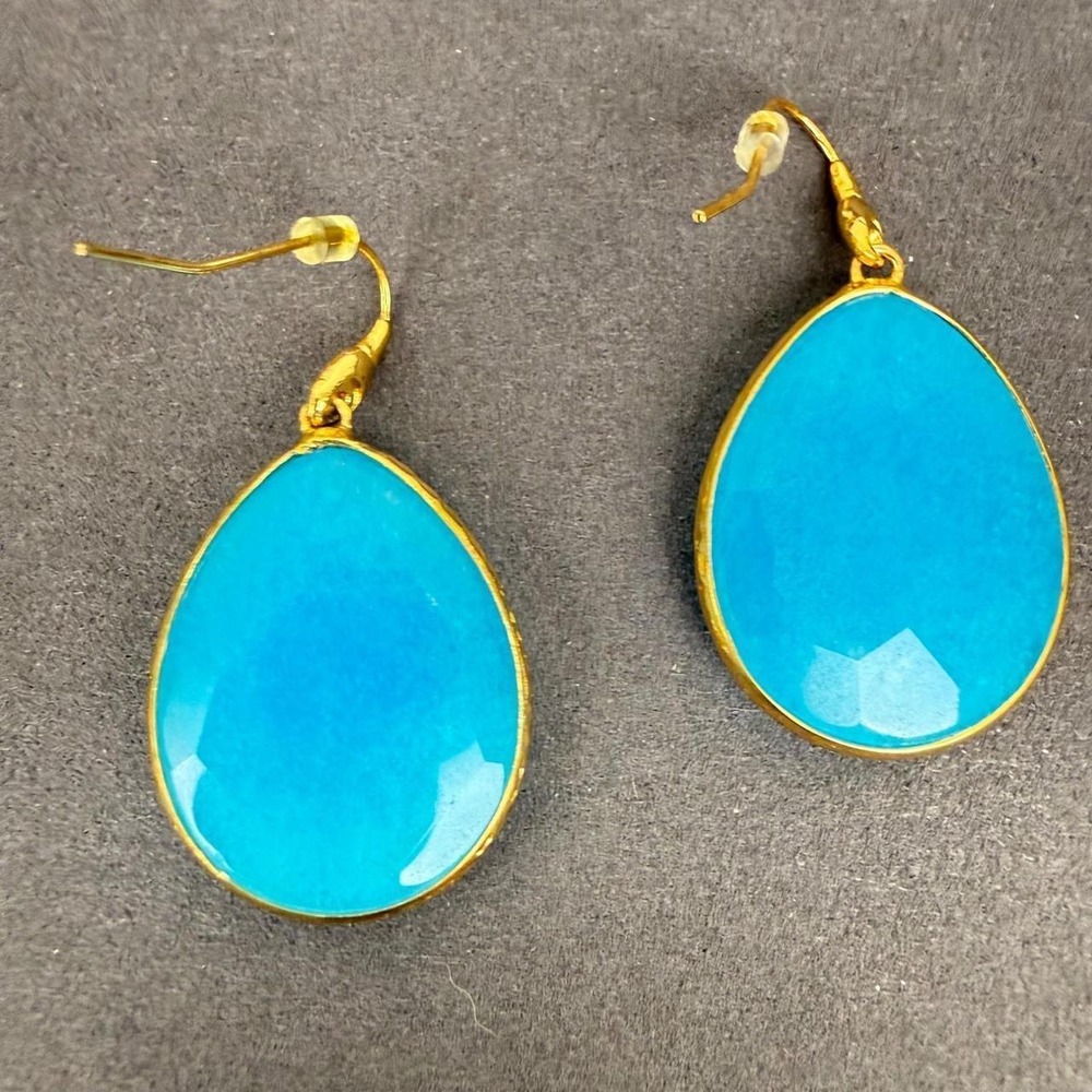 Turquoise Teardrop Earrings Faceted Stone Gold Tone Bezel Dangle Bohemian Style